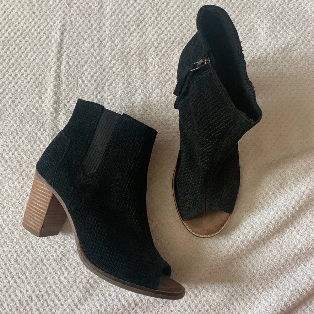 TOMS Black Suede Open Toe Heeled Boot